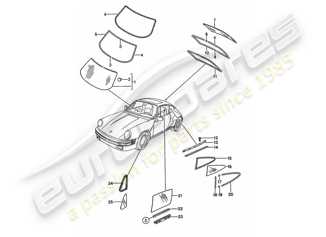 porsche 1988 (911) acristalamiento de ventanas diagrama de piezas