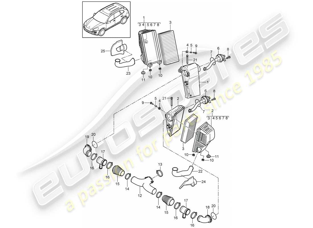 porsche 2015 (cayenne e2 92a) filtro de aire con conexión diagrama de piezas