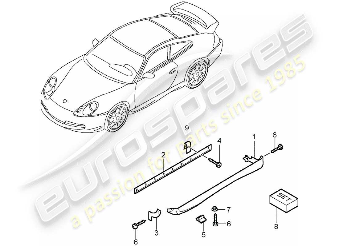 porsche 2003 (996 gt3) moldura de larguero diagrama de piezas
