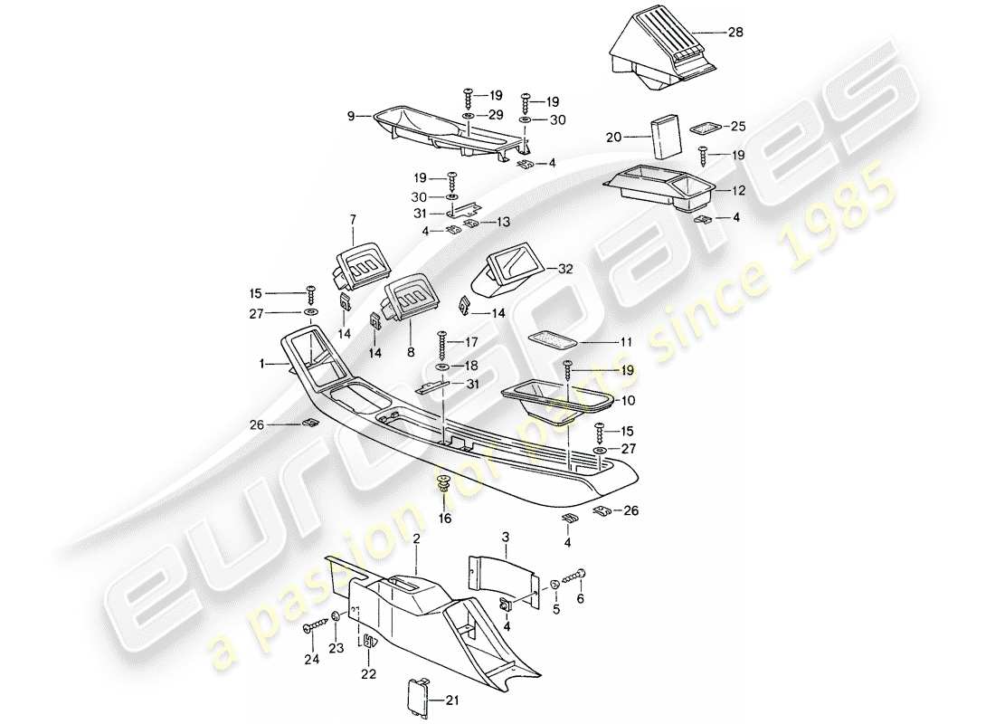 porsche 1994 (993) center console diagrama de piezas