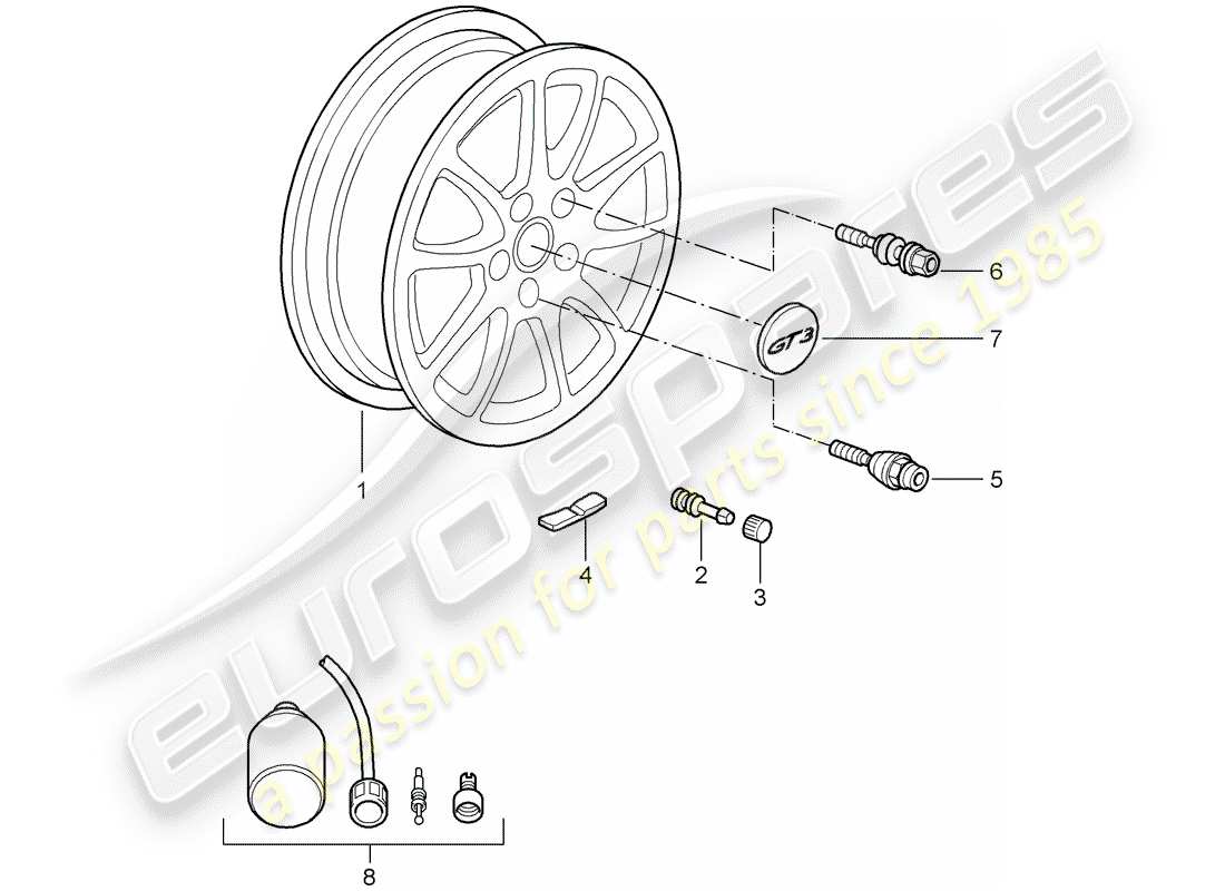 porsche 997 gt3 (2009) diagrama de piezas de ruedas