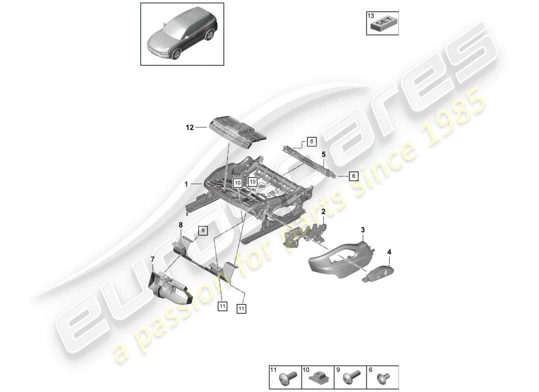 porsche 2020 (cayenne e3 9ya/9yb) estructura del asiento diagrama de piezas