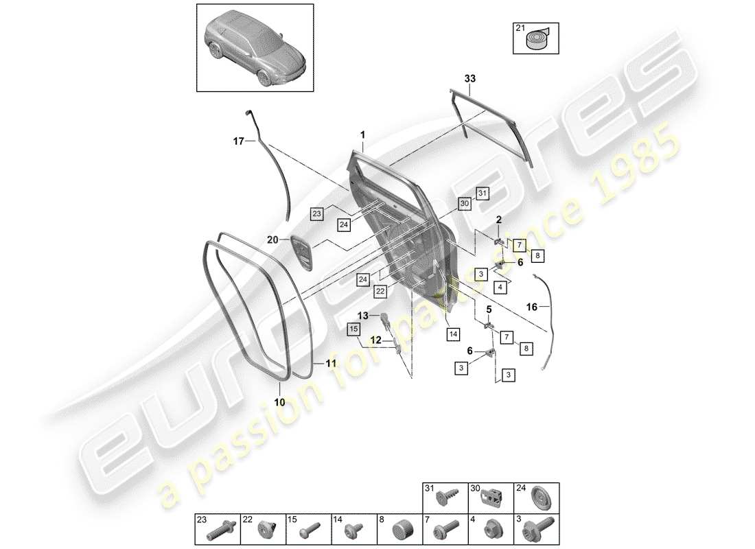 porsche 2020 (cayenne e3 9ya/9yb) diagrama de piezas de la carcasa de la puerta