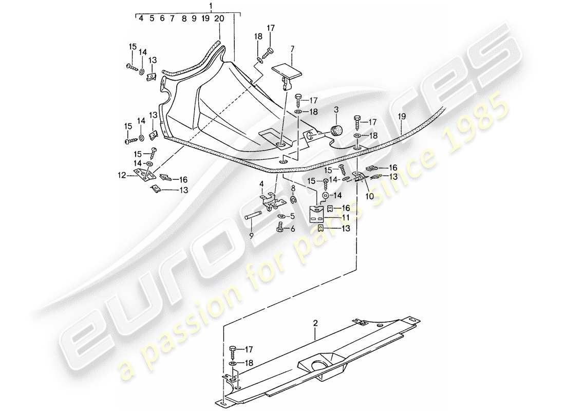 porsche 1987 (959) tapa para compartimiento del motor diagrama de piezas