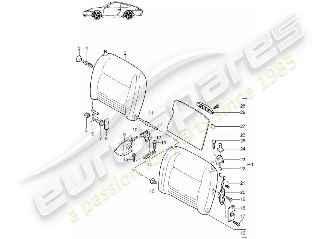 porsche 2003 (996) respaldo del asiento de emergencia diagrama de piezas