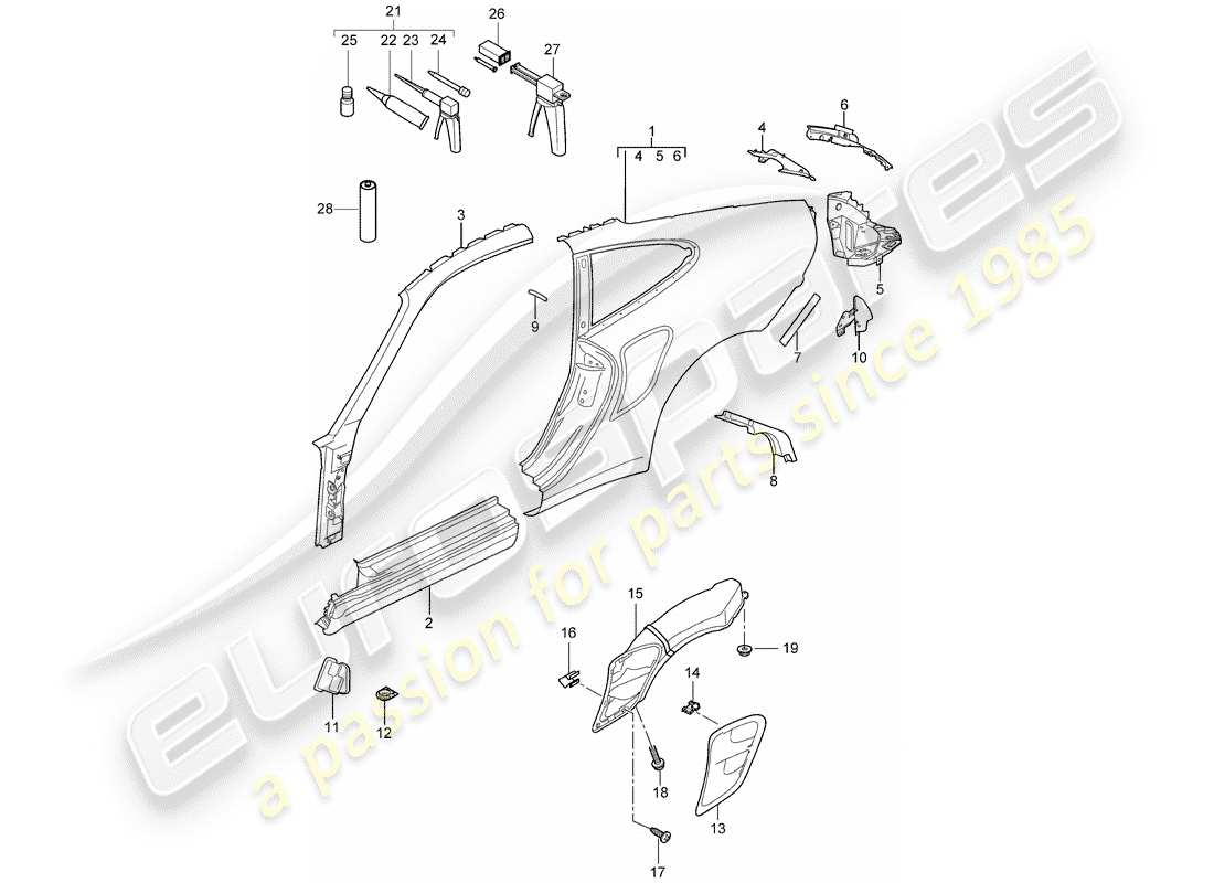 porsche 2009 997-2 turbo / gt2 diagrama de piezas del panel lateral