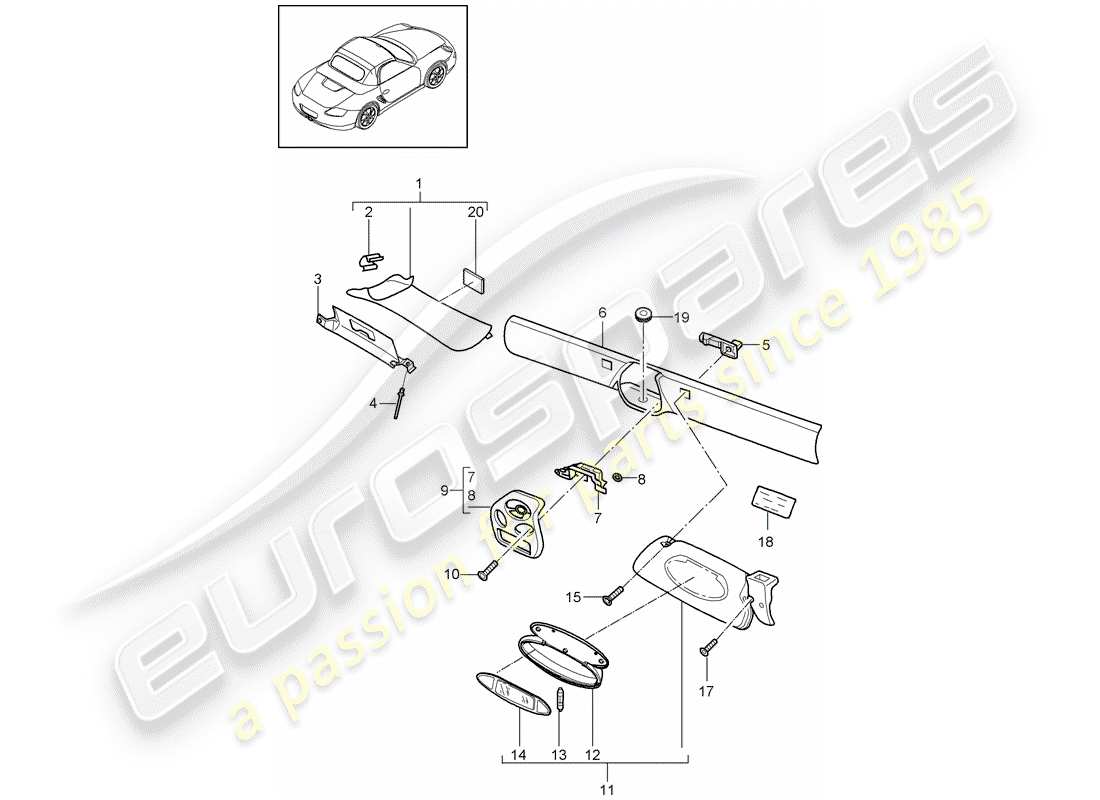 porsche 2010 (987 boxster) marco del parabrisas diagrama de piezas