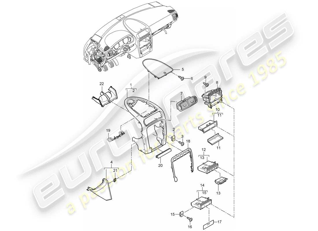 porsche 2008 (cayenne e1 9pa) diagrama de piezas del embellecedor del panel de instrumentos