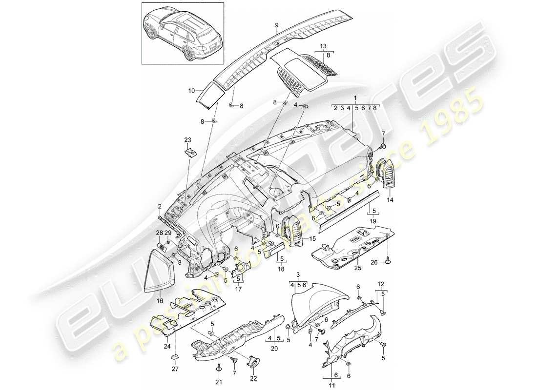 porsche 2017 (cayenne e2 92a) diagrama de piezas del embellecedor del panel de instrumentos