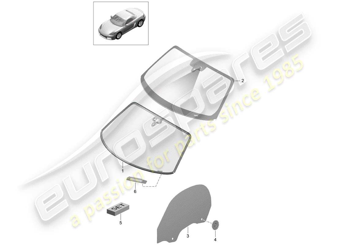 porsche 2020 (718 boxster) diagrama de piezas del vidrio del parabrisas