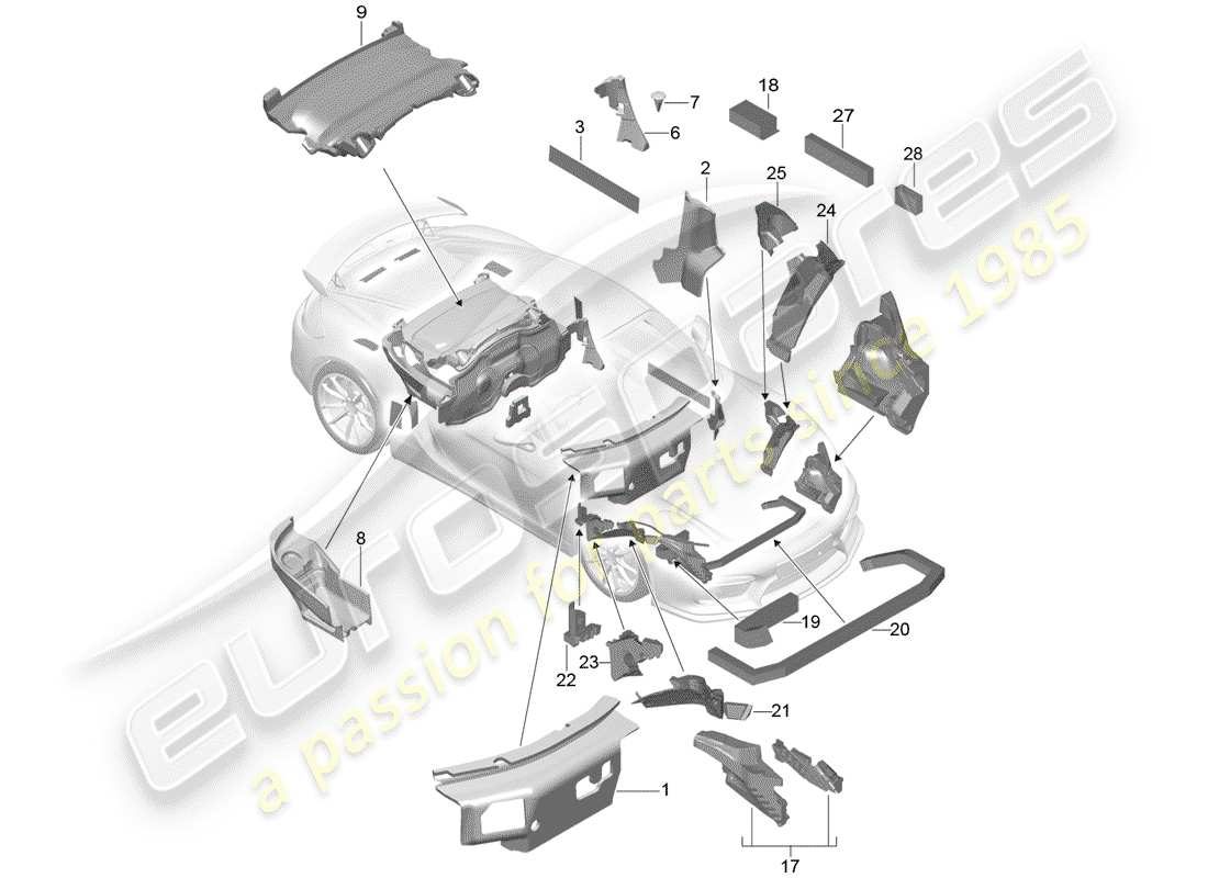 porsche 2016 (981 boxster spyder) diagrama de piezas de la carcasa del cuerpo