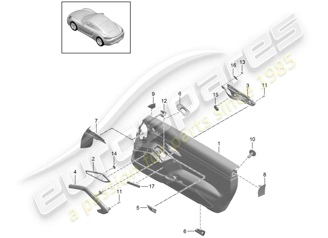 porsche 2017 (718 cayman) diagrama de piezas del panel de puerta