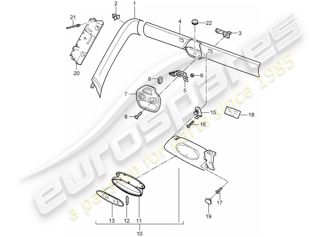 porsche 2001 (996 turbo / gt2) marco del parabrisas - visores solar diagrama de piezas