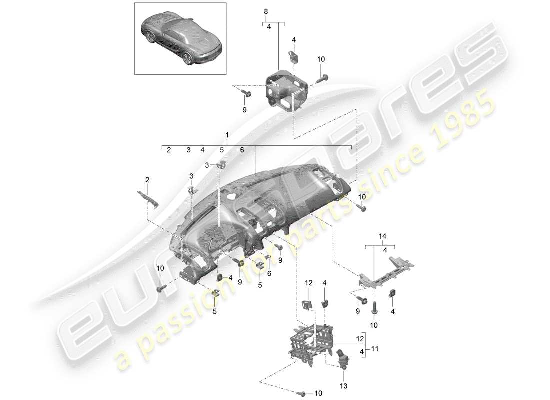 porsche 2016 (981 boxster) moldura del panel de instrumentos diagrama de piezas