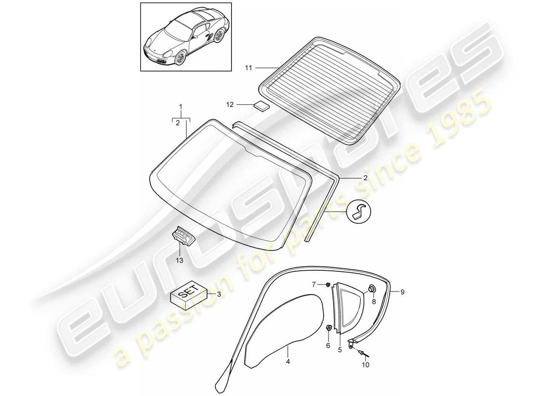 porsche 2012 (987 cayman) acristalamiento de ventanas diagrama de piezas