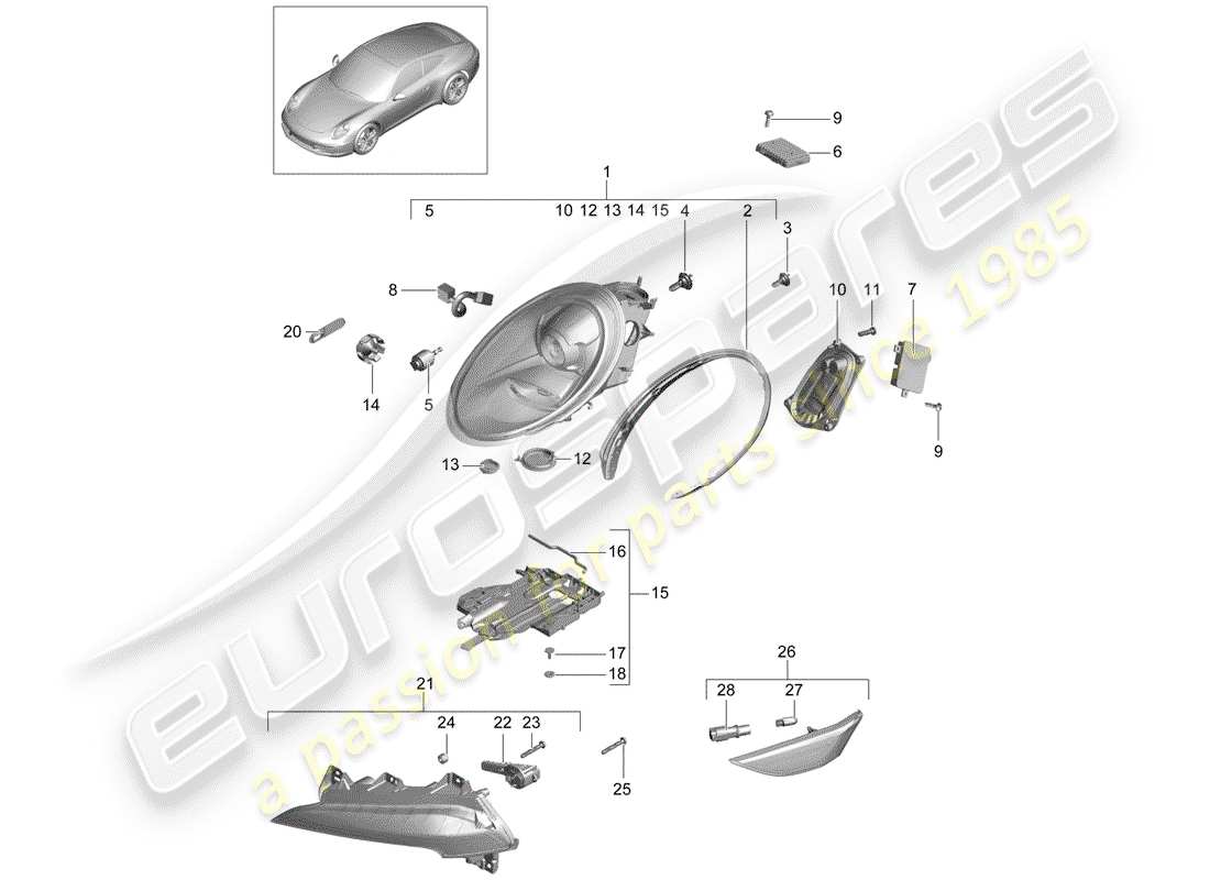 porsche 2014 (991-1) diagrama de piezas del faro
