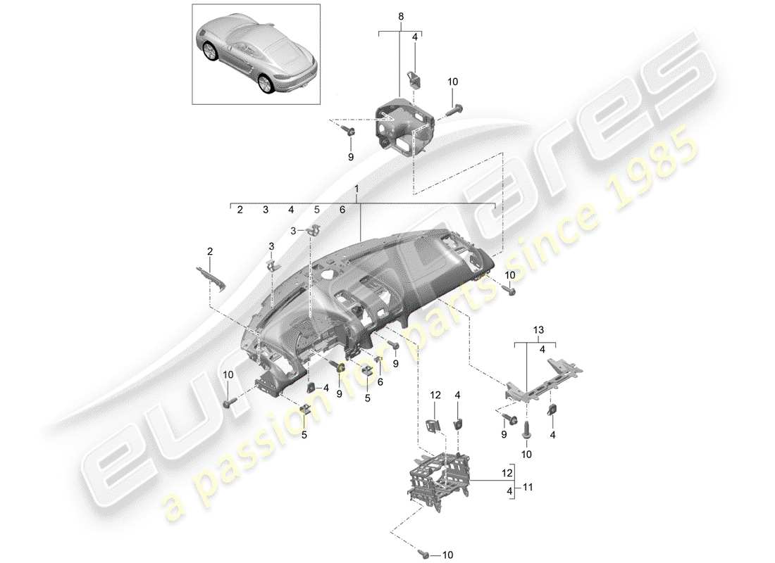porsche 718 cayman (2020) diagrama de piezas del embellecedor del panel de instrumentos