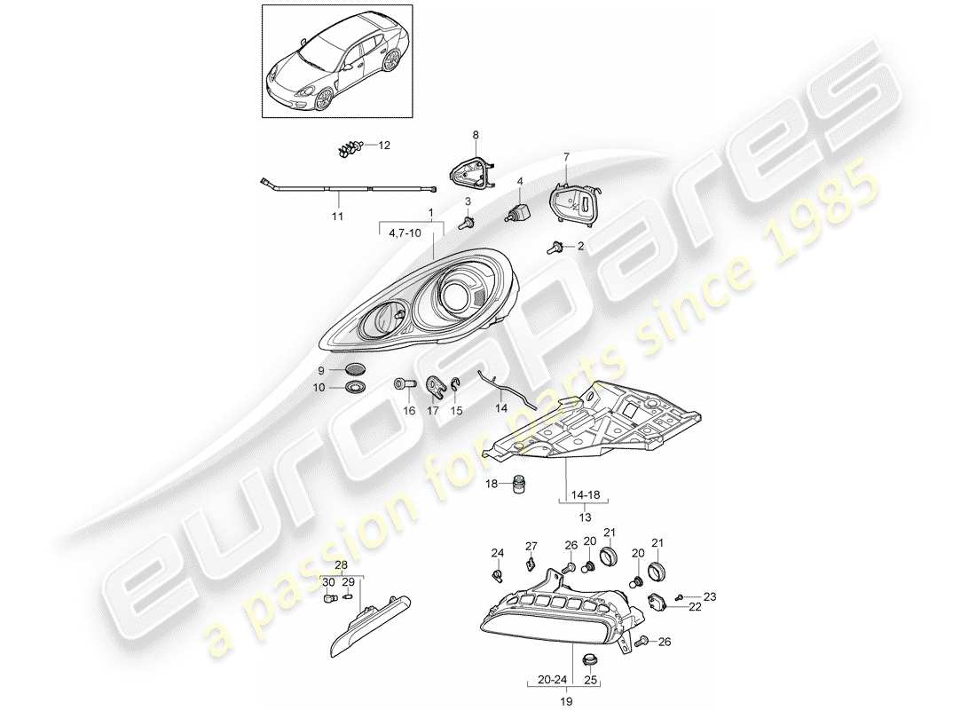 porsche 2010 (panamera 970) diagrama de piezas del faro