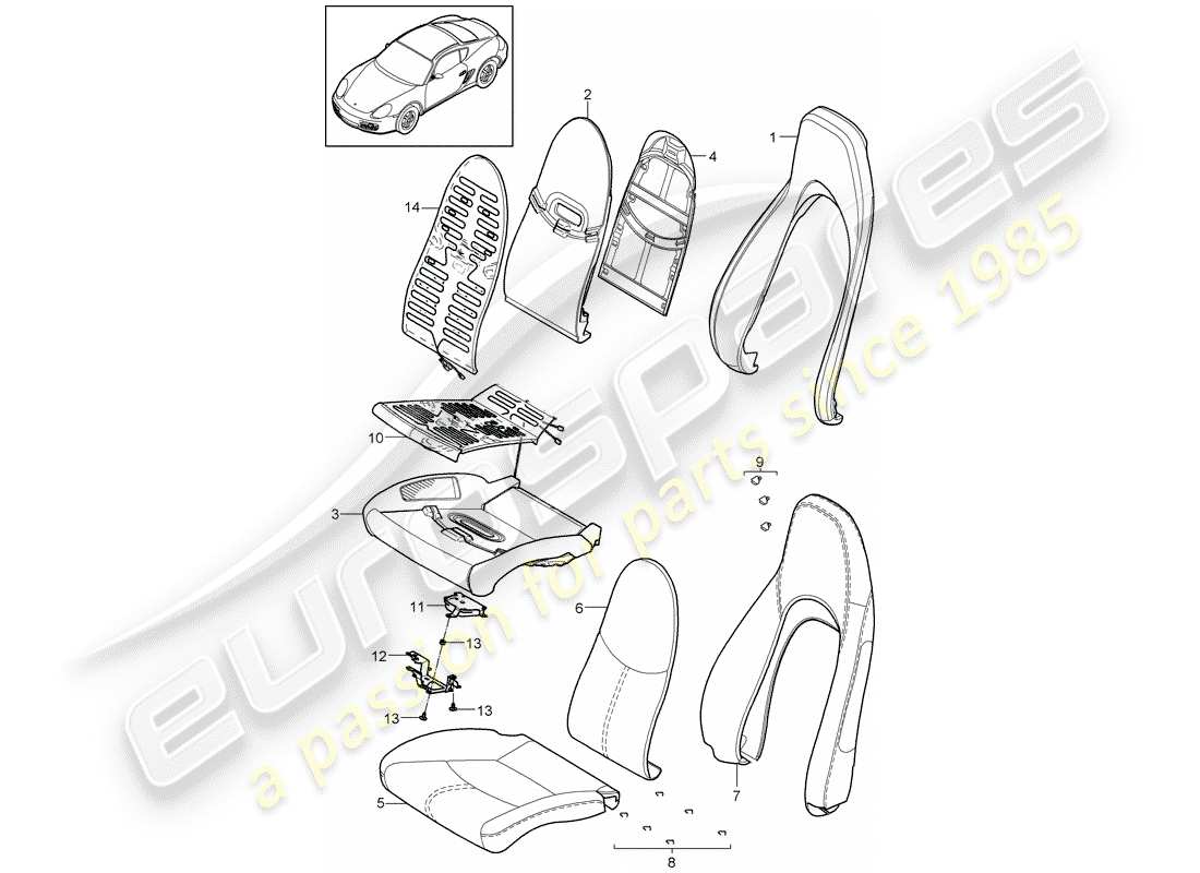 porsche 2010 (987 cayman) parte de espuma diagrama de piezas
