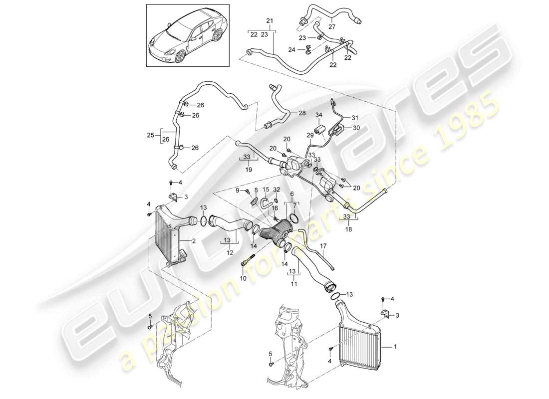 porsche 2010 (cayenne e1 9pa) tubo de presión del enfriador de aire de carga diagrama de piezas