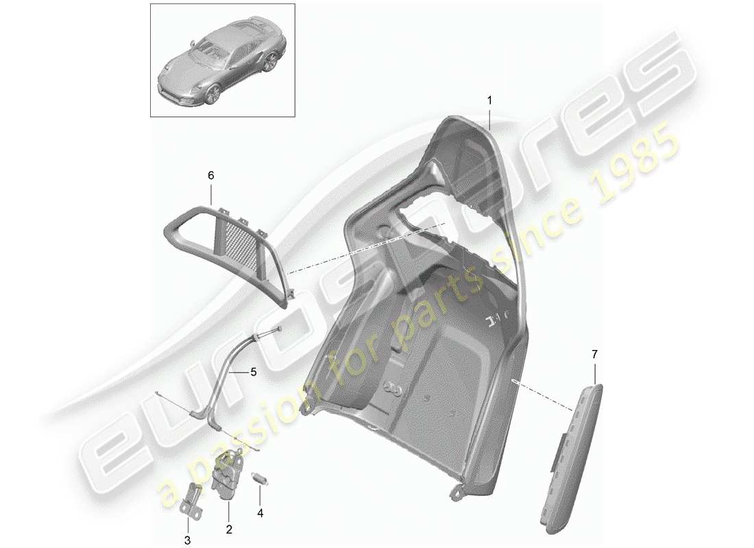 porsche 991 turbo (2020) diagrama de piezas de la carcasa del respaldo