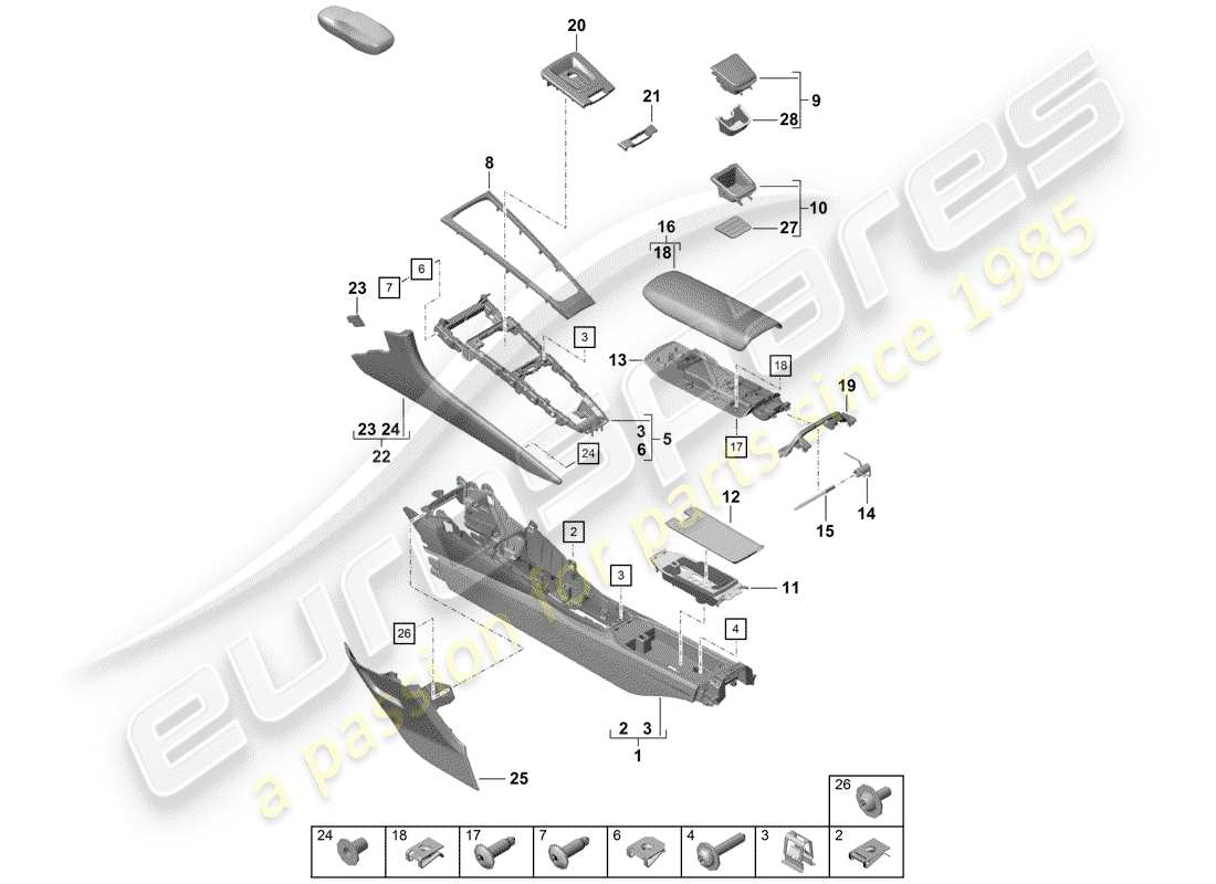 porsche 2020 (718 boxster spyder) center console diagrama de piezas