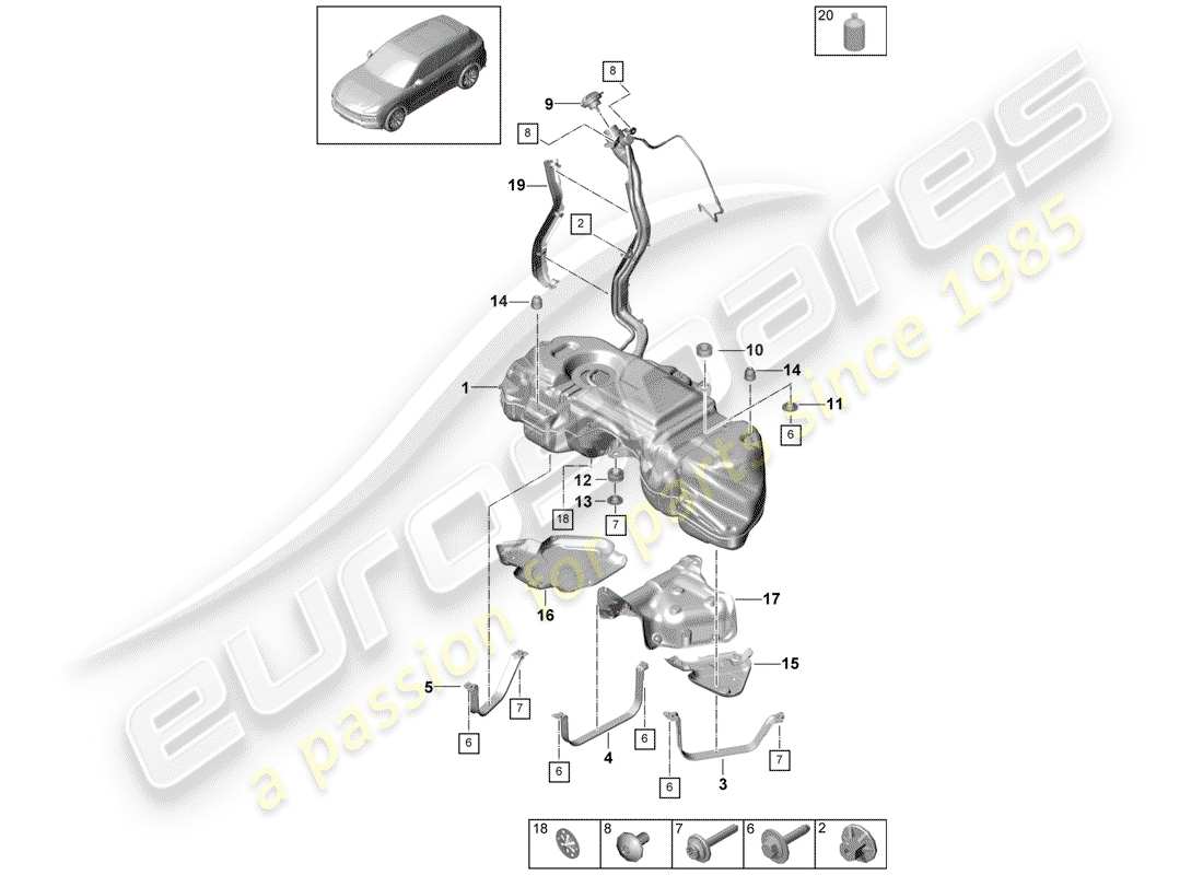 porsche 2020 (cayenne e3 9ya/9yb) tanque de combustible con diagrama de piezas