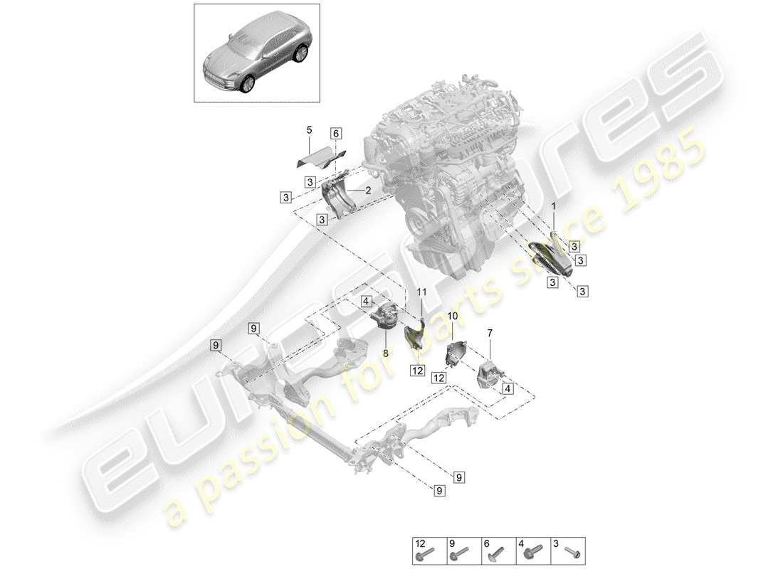 porsche 2019 (macan) diagrama de piezas del dispositivo de elevación del motor
