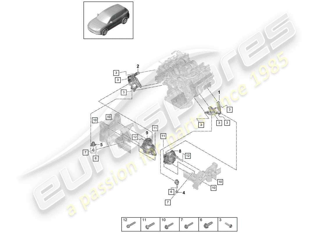 porsche 2019 (cayenne e3 9ya/9yb) diagrama de piezas del dispositivo de elevación del motor