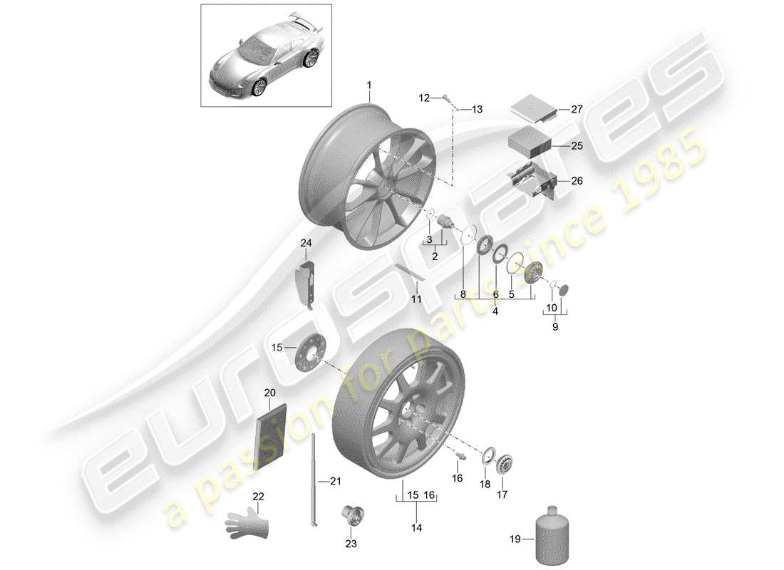 porsche 2019 (991-2 r/gt3/rs) rueda de aleación diagrama de piezas