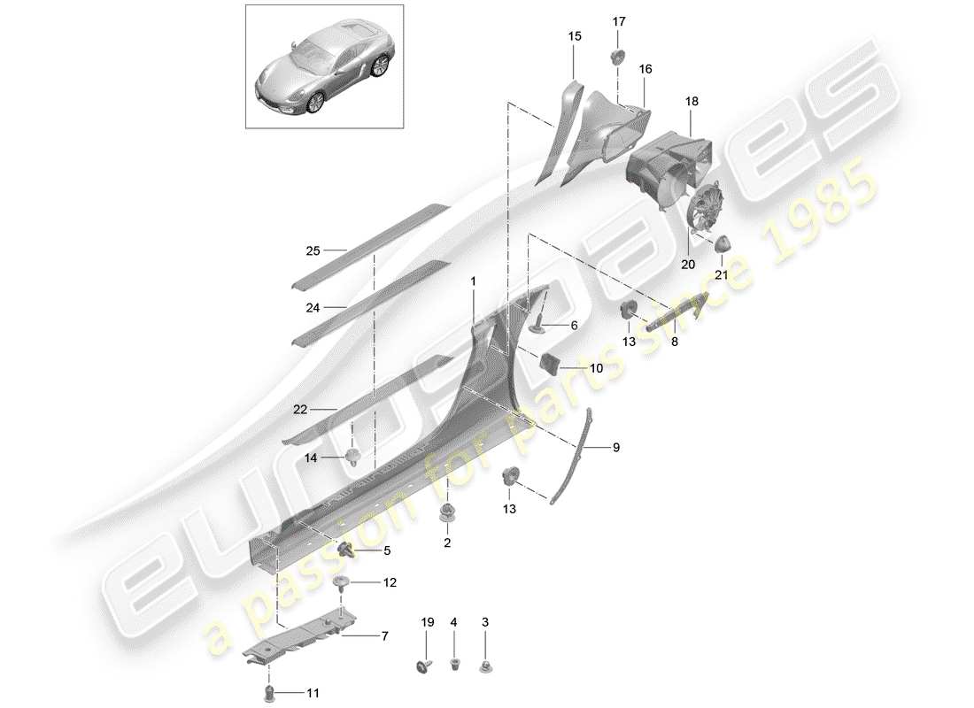 porsche cayman 981 (2015) diagrama de piezas del guarnecido de los miembros laterales
