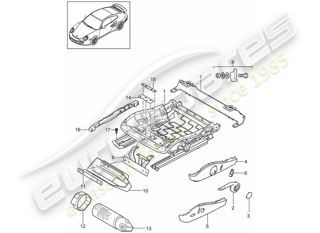 porsche 2012 (997-2 turbo / gt2 rs) estructura del asiento diagrama de piezas