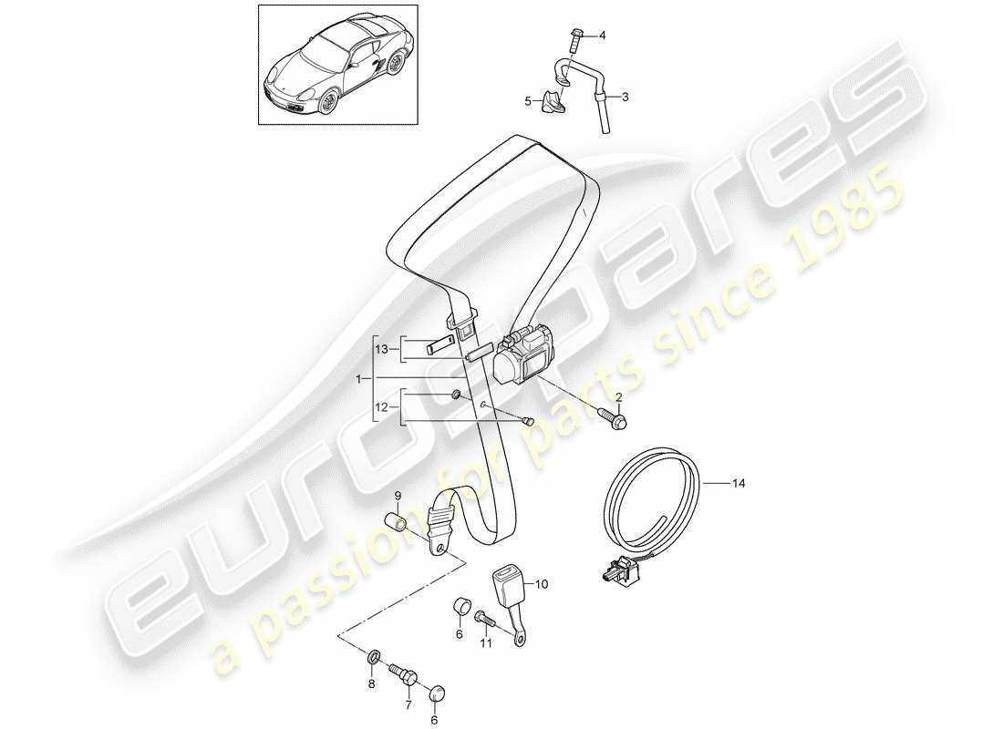 porsche cayman 987 (2009) diagrama de piezas del cinturón de seguridad de tres puntos