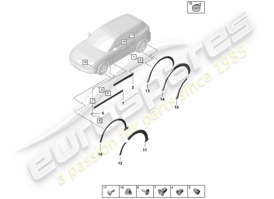 porsche 2018 (cayenne e3 9ya/9yb) cubierta del paso de rueda diagrama de piezas