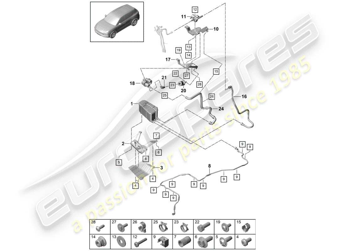 porsche 2018 (cayenne e3 9ya/9yb) bote de emisiones evaporativas diagrama de piezas