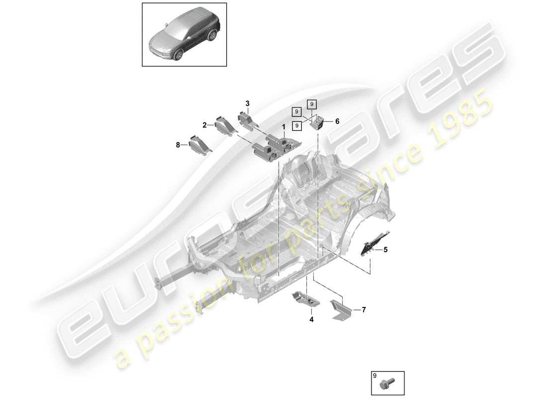 porsche 2018 (cayenne e3 9ya/9yb) placas de piso diagrama de piezas