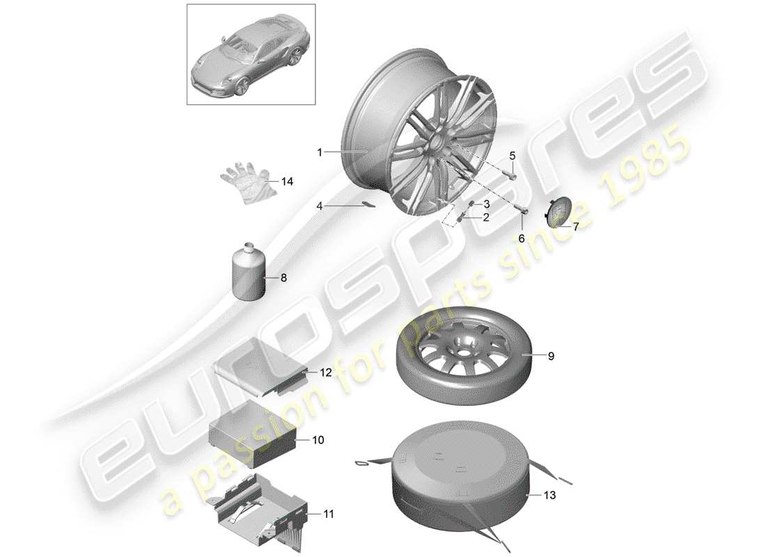 porsche 2020 (991-2 turbo) diagrama de piezas de la rueda de aleación