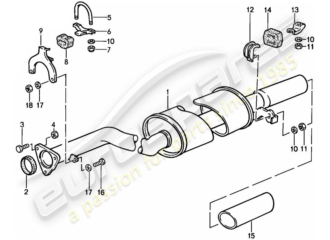 porsche 1986 (944) sistema de escape - silenciador de escape, trasero diagrama de piezas