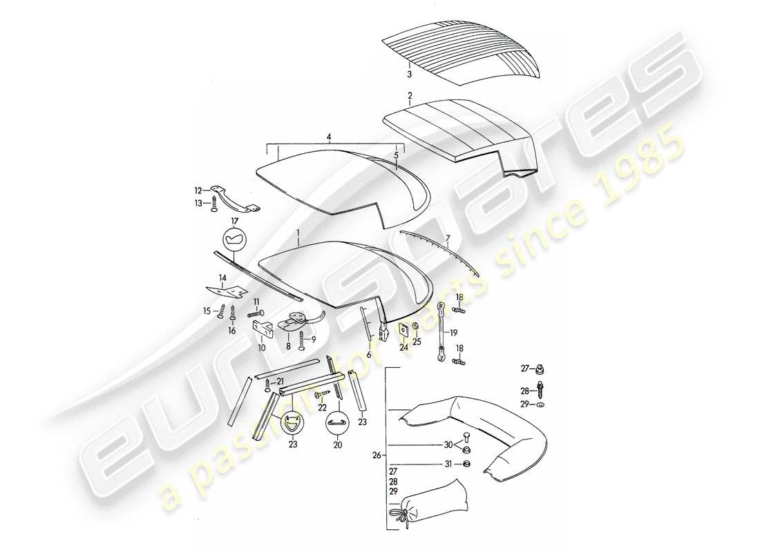 porsche 1964 (356b/356c) top convertible y - cubierta superior convertible diagrama de piezas