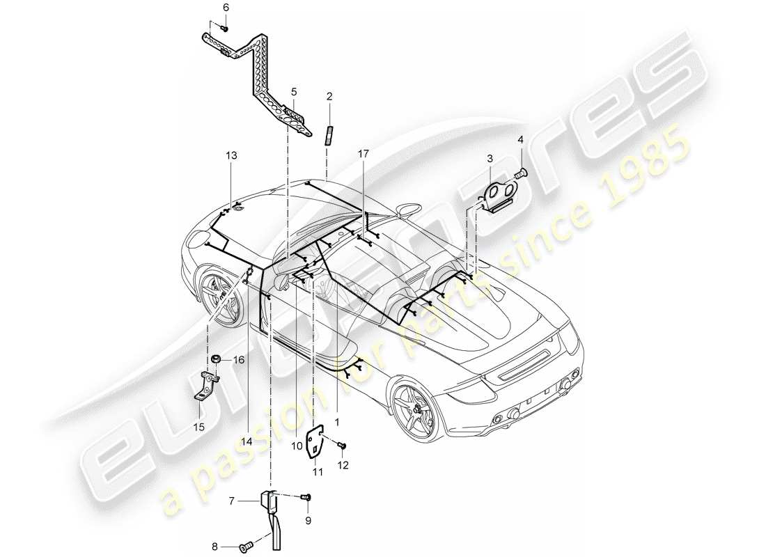 porsche 2004 (carrera gt) mazo de cables - habitáculo - pedales - luz del maletero - repetidor de intermitentes - luz de la guantera - kit de reparación - sistema de freno antibloqueo -abs- - indicador de desgaste de pastillas de freno - eje delantero diagrama de piezas