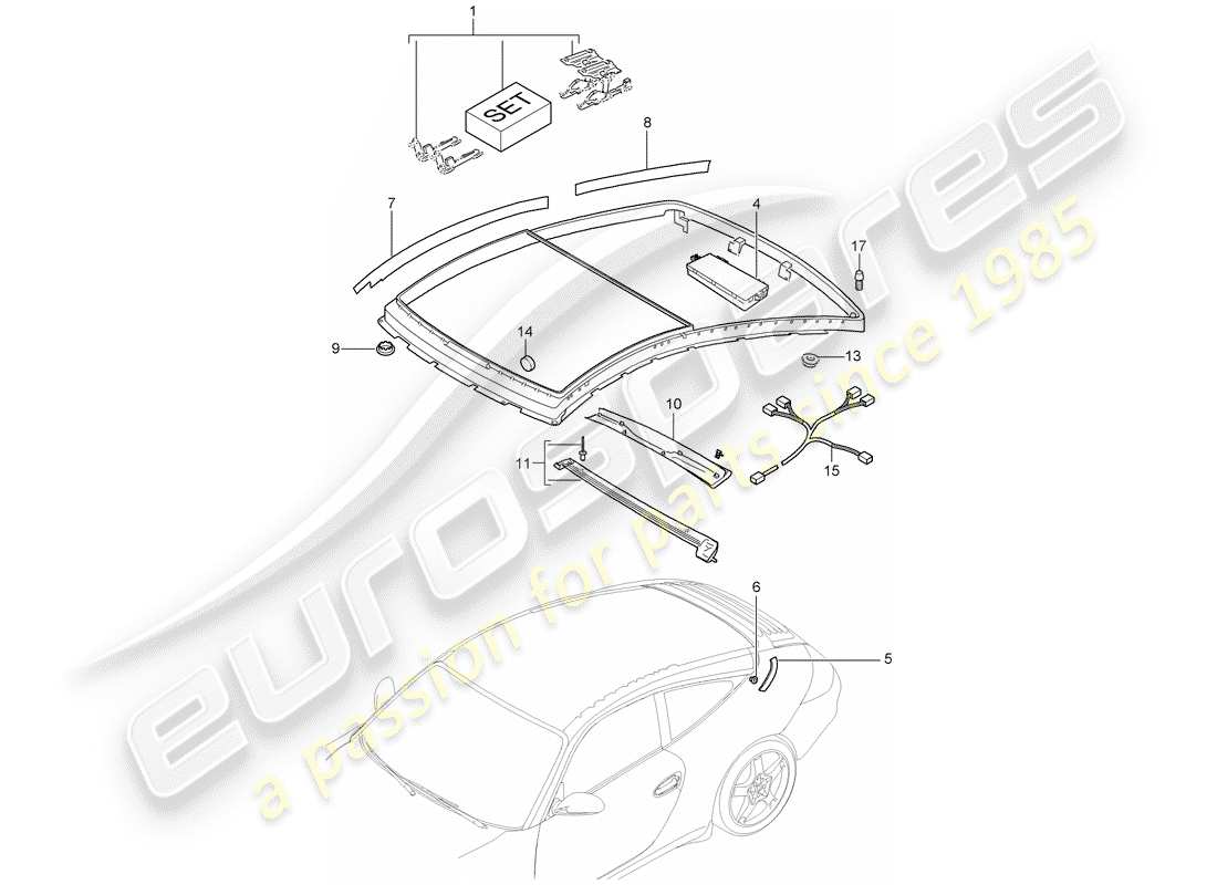 porsche 2005 (997-1) techo de cristal diagrama de piezas