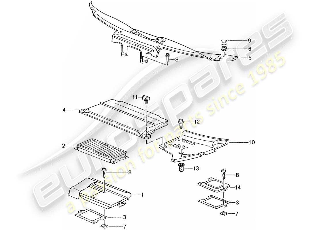 porsche 2002 (996 turbo / gt2) elemento filtrante de polvo y polen - cubiertas - diagrama de piezas del capo