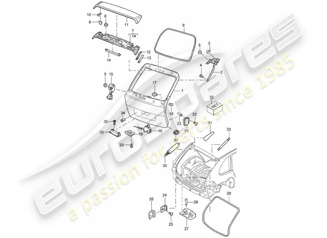 porsche 2003 (cayenne e1 9pa) tapa del maletero trasero diagrama de piezas