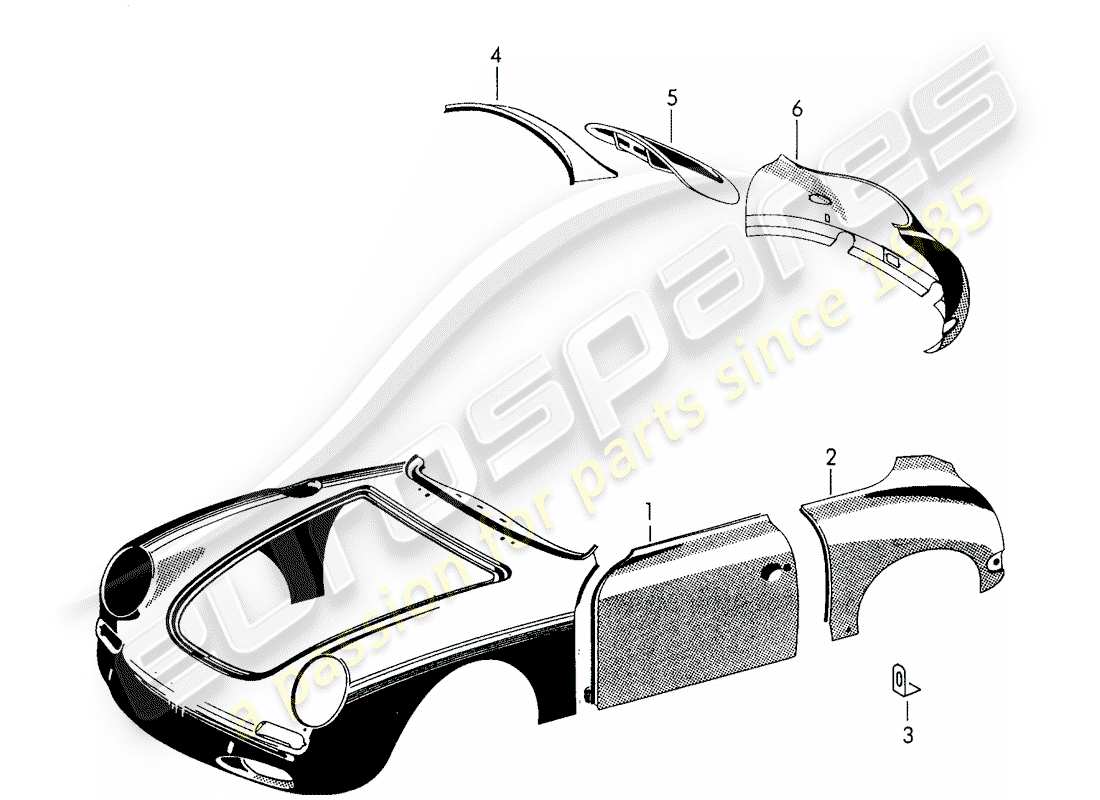 porsche 1959 (356/356a) paneles exteriores - guardabarros diagrama de piezas