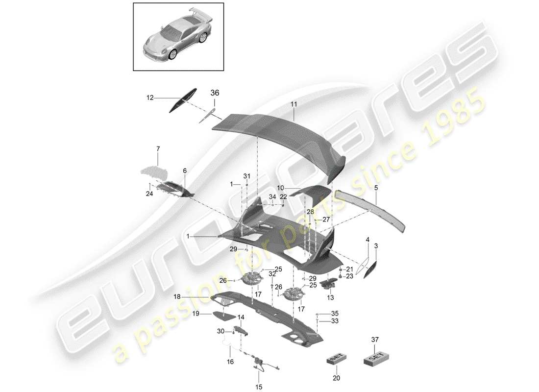 porsche 2019 (991-2 r/gt3/rs) tapa del maletero trasero diagrama de piezas