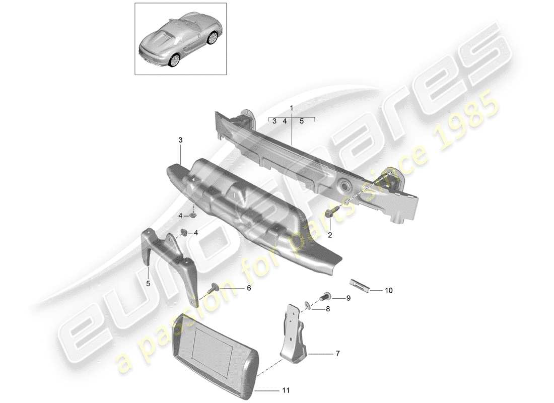 porsche 2016 (981 boxster spyder) diagrama de piezas del soporte de parachoques