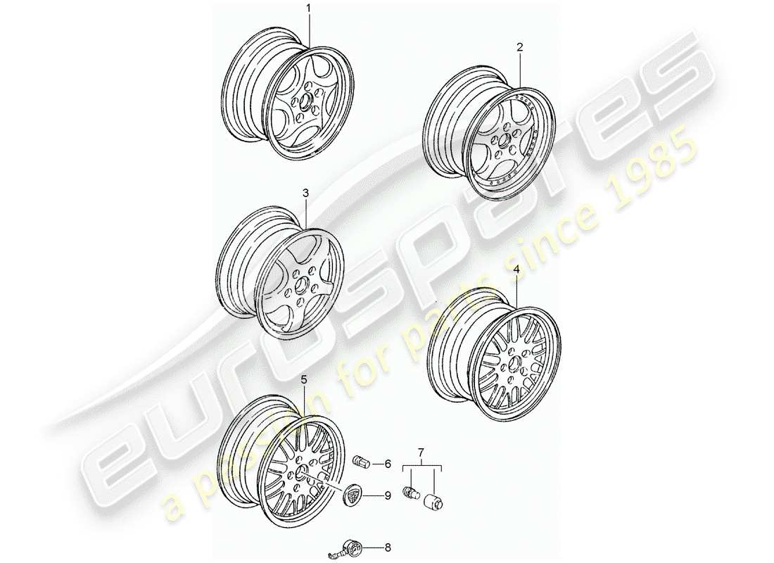porsche 2009 (tequipment) rueda de aleación diagrama de piezas