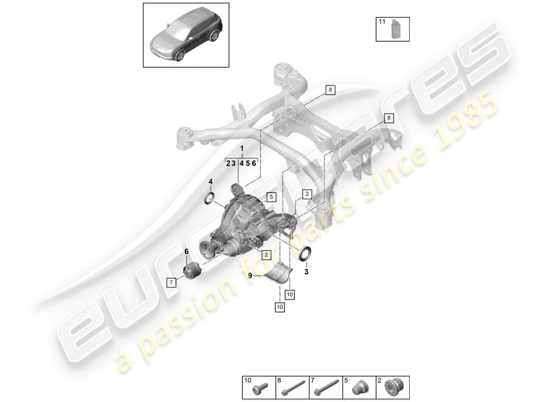 porsche 2019 (cayenne e3 9ya/9yb) diagrama de piezas del diferencial del eje trasero