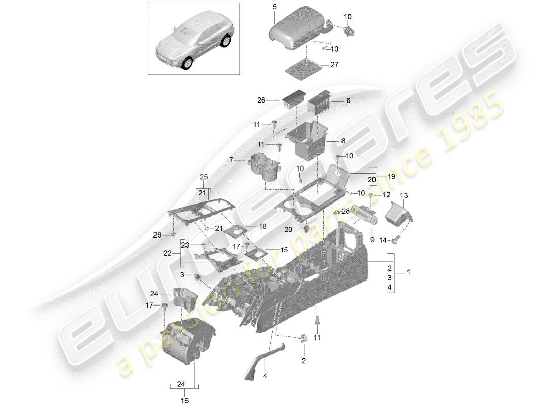 porsche 2015 (macan) center console diagrama de piezas