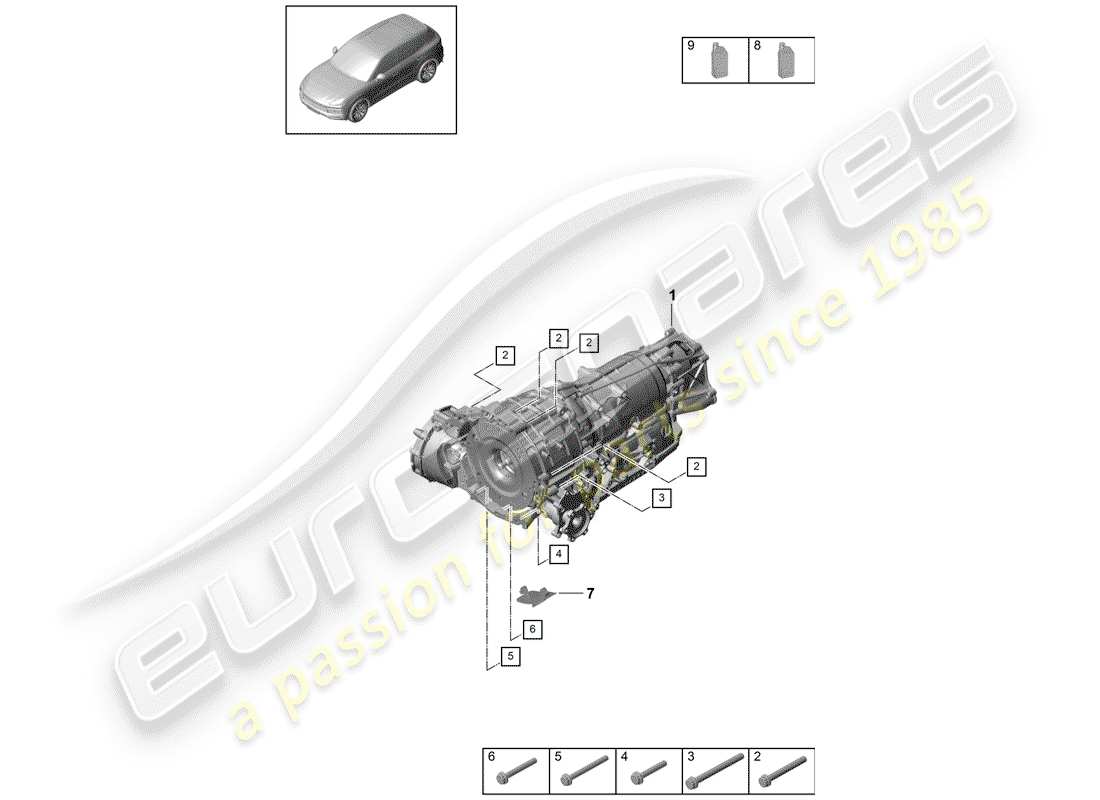porsche 2020 (cayenne e3 9ya/9yb) 8-speed caja de cambios automática diagrama de piezas
